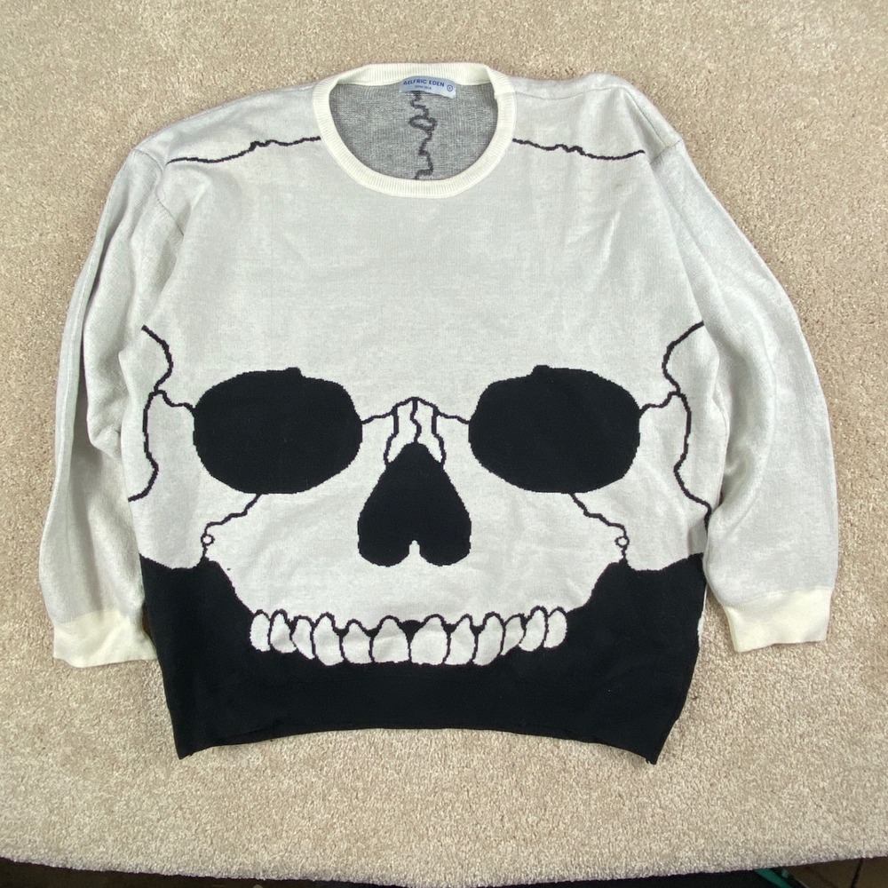 Aelfric Eden Skull Graphic‎ Knit Sweater White Black Streetwear Mens Small